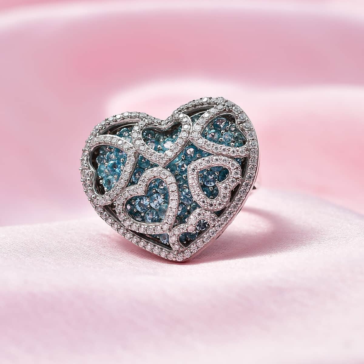 Madagascar Paraiba Apatite and Moissanite Heart Ring in Platinum Over Sterling Silver (Size 5.0) 5.00 ctw image number 1