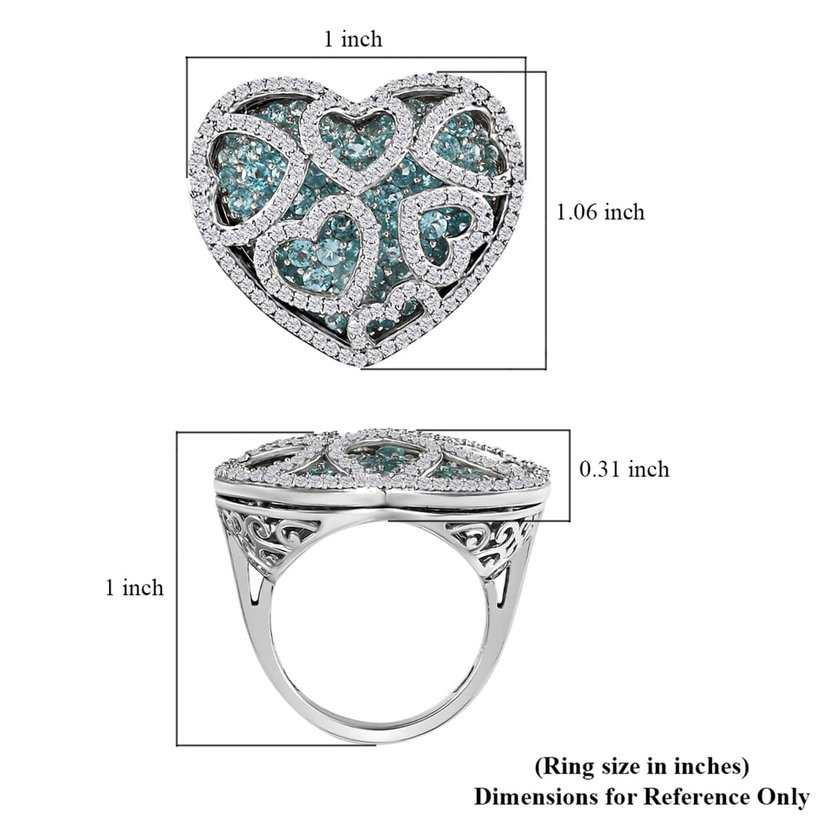 Madagascar Paraiba Apatite and Moissanite Heart Ring in Platinum Over Sterling Silver (Size 5.0) 5.00 ctw image number 5