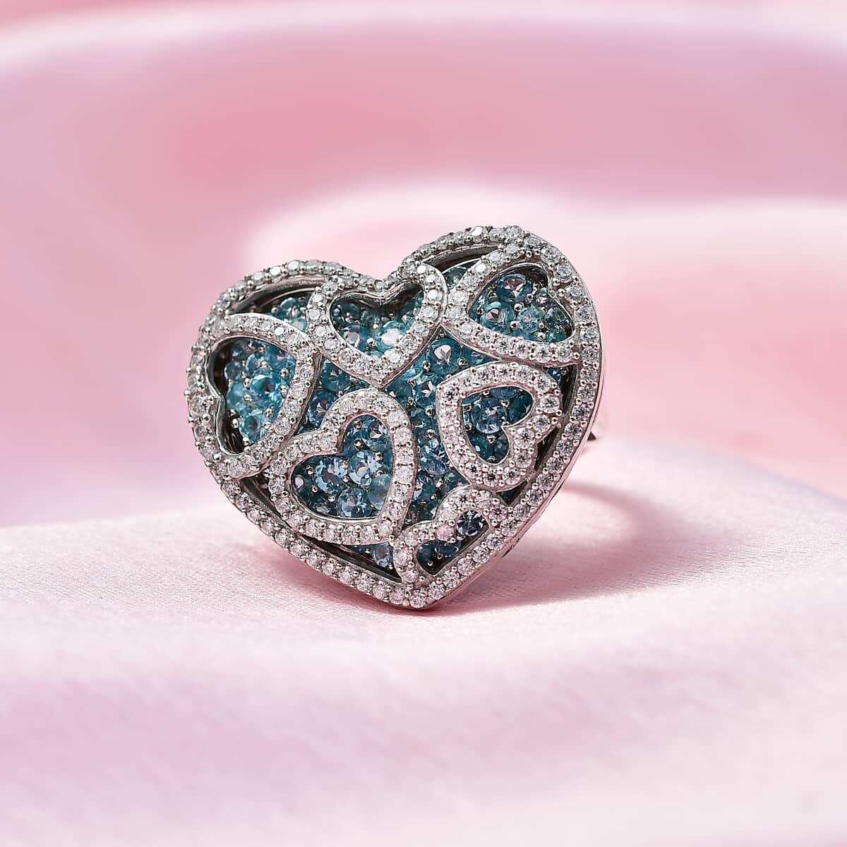 Betroka Blue Apatite and Moissanite 5.00 ctw Heart Ring in Platinum Over Sterling Silver (Size 10.0) image number 1