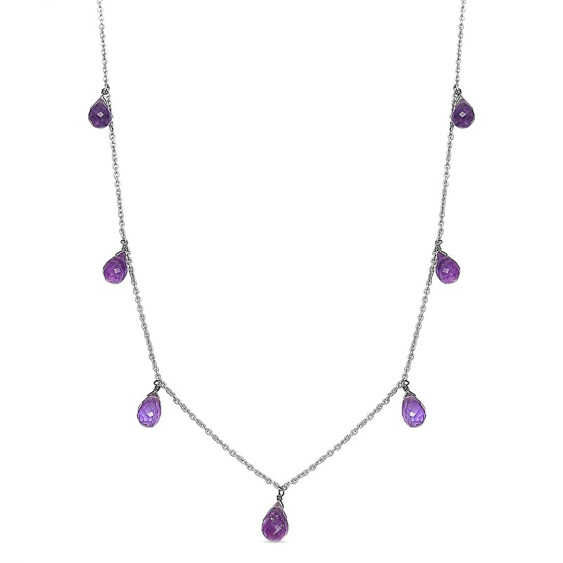 African Amethyst Station Necklace 20 Inches in Rhodium Over Sterling Silver 12.40 ctw