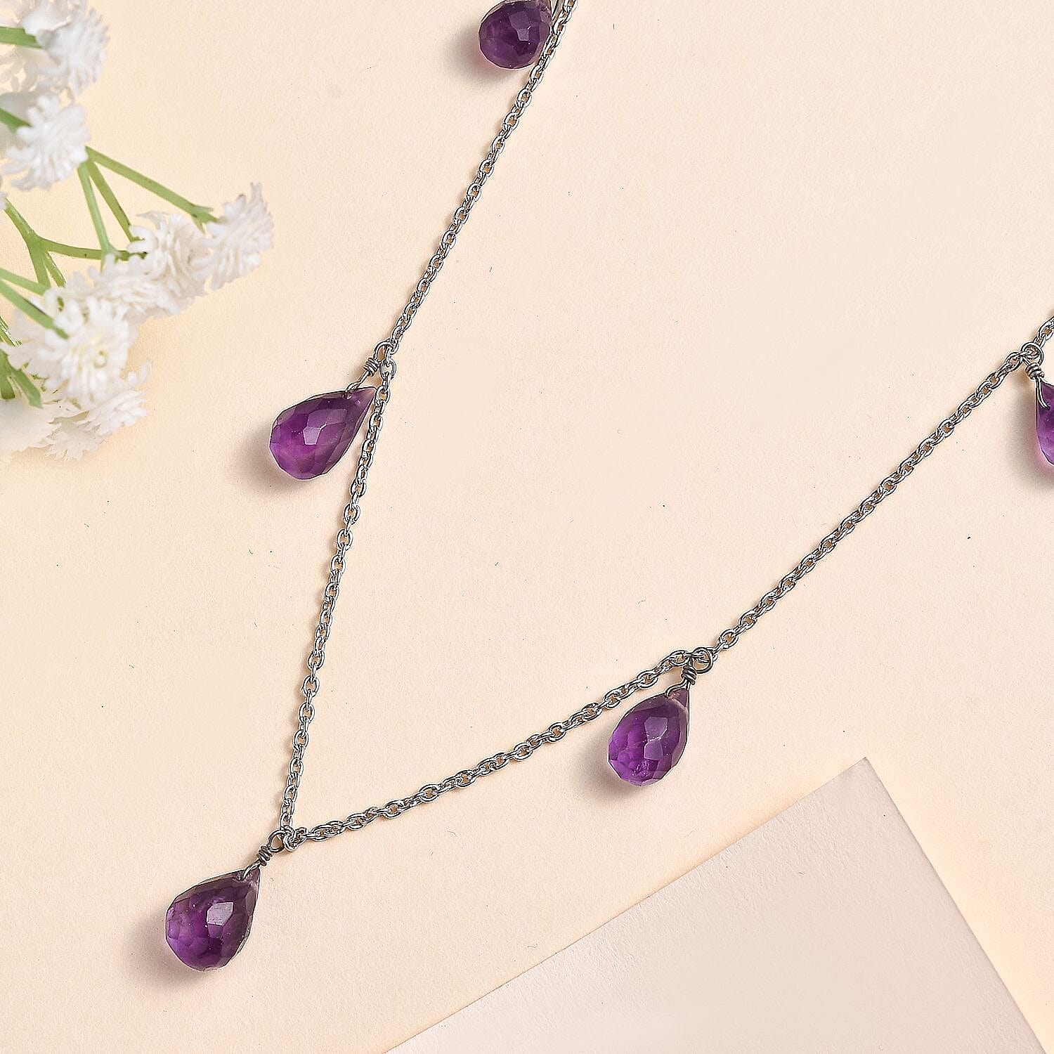 African Amethyst Station Necklace 20 Inches in Rhodium Over Sterling Silver 12.40 ctw