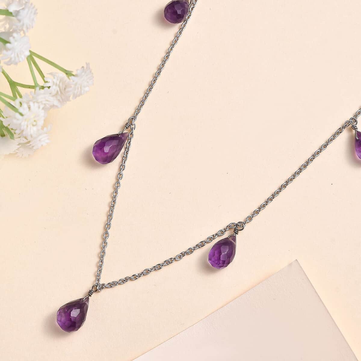 African Amethyst Station Necklace 20 Inches in Rhodium Over Sterling Silver 12.40 ctw image number 1