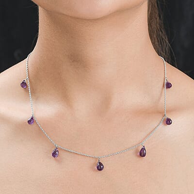 African Amethyst Station Necklace 20 Inches in Rhodium Over Sterling Silver 12.40 ctw