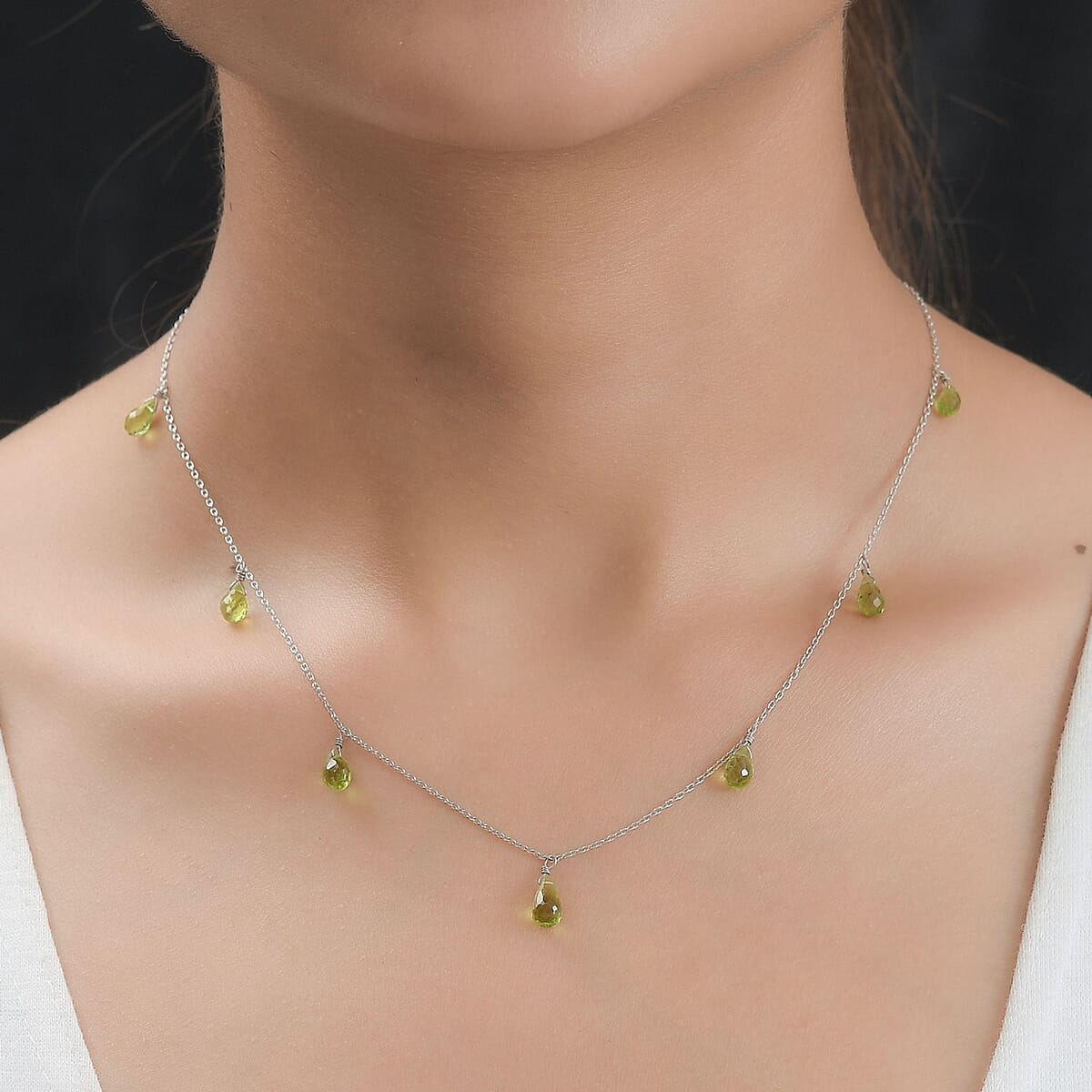 Peridot 7.10 ctw Station Necklace in Rhodium Over Sterling Silver 20 Inches image number 2