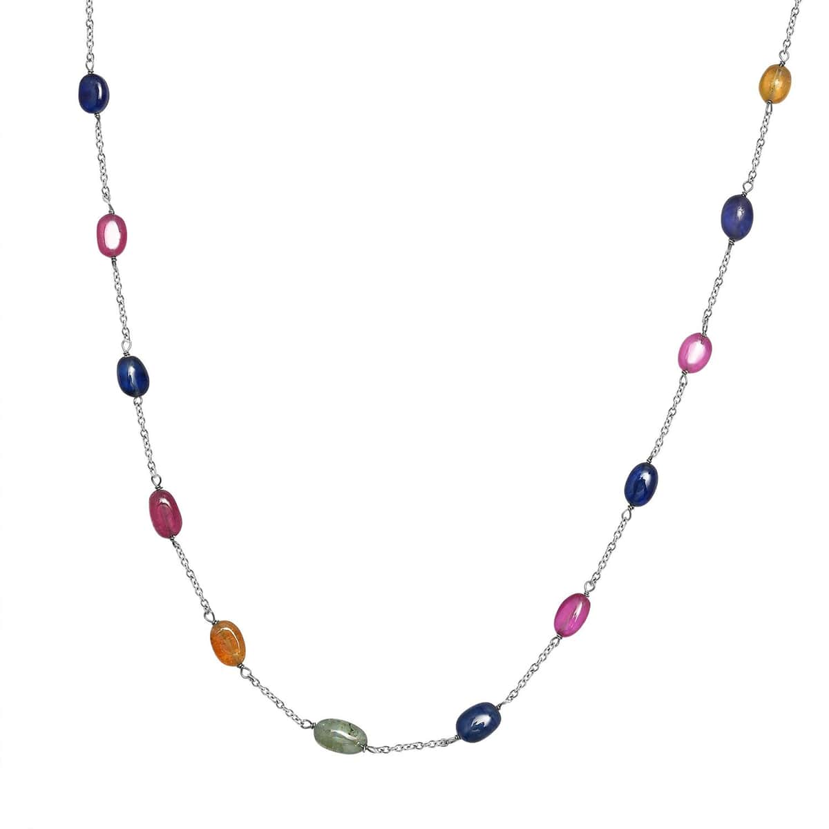 Multi Sapphire Station Necklace 24 Inches in Platinum Over Sterling Silver 38.10 ctw image number 0
