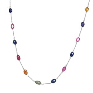 Multi Sapphire Station Necklace 24 Inches in Platinum Over Sterling Silver 38.10 ctw