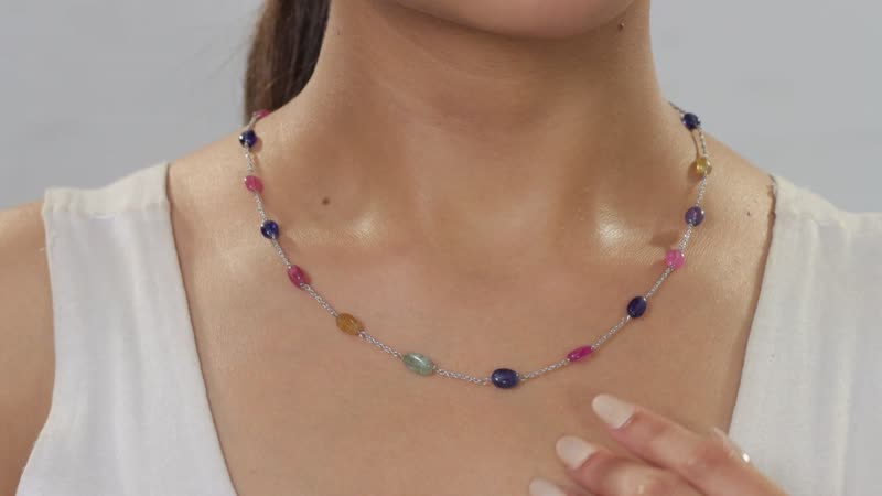 Multi Sapphire Station Necklace 24 Inches in Platinum Over Sterling Silver 38.10 ctw