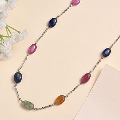 Multi Sapphire Station Necklace 24 Inches in Platinum Over Sterling Silver 38.10 ctw