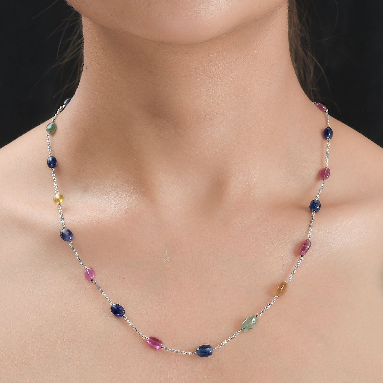 Multi Sapphire Station Necklace 24 Inches in Platinum Over Sterling Silver 38.10 ctw