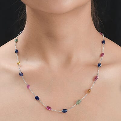 Multi Sapphire Station Necklace 24 Inches in Platinum Over Sterling Silver 38.10 ctw