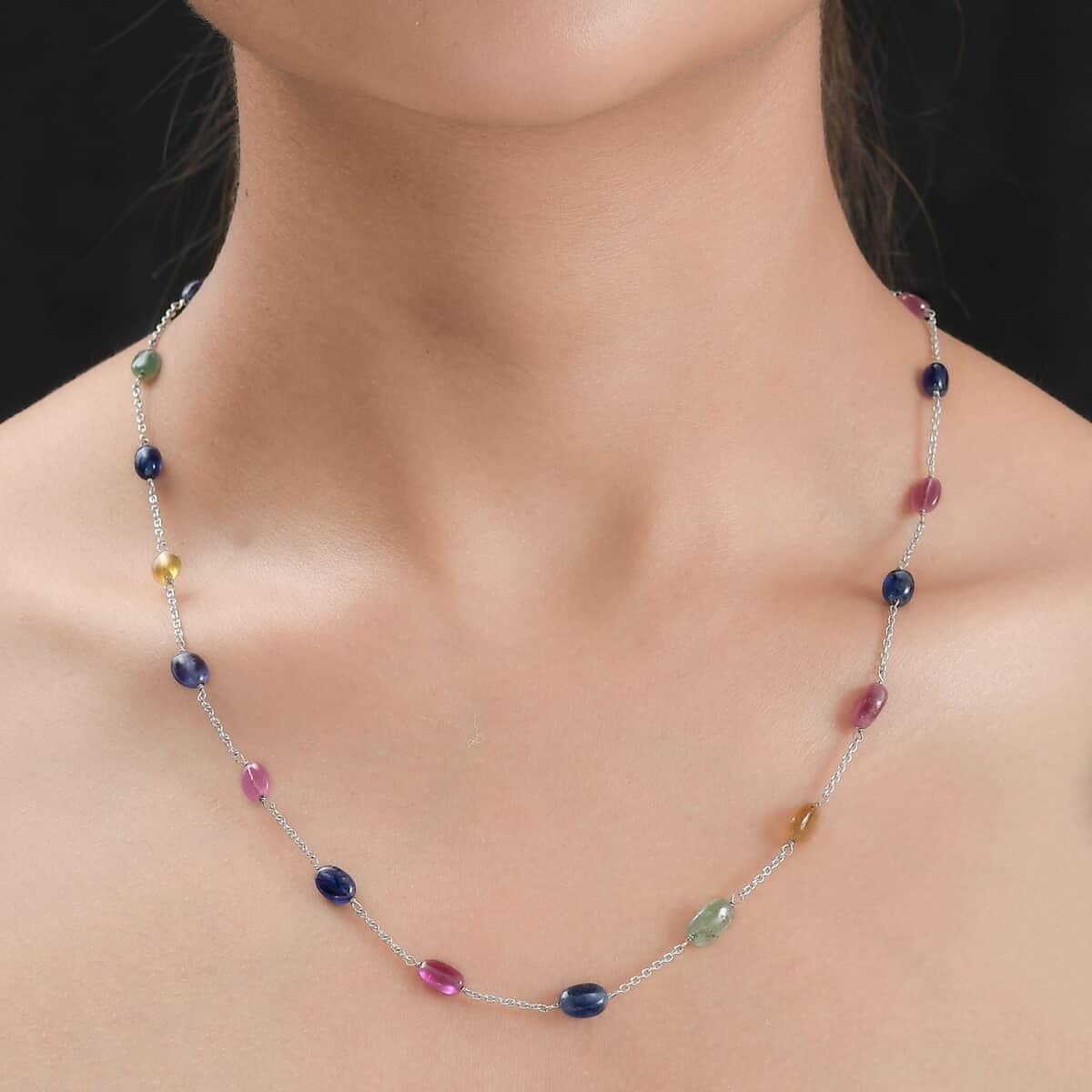 Multi Sapphire Station Necklace 24 Inches in Platinum Over Sterling Silver 38.10 ctw image number 2