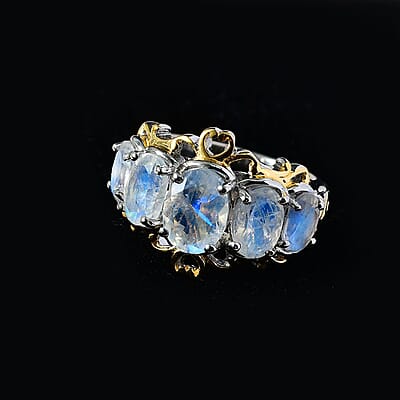 Premium Rainbow Moonstone 5 Stone Ring in Vermeil YG and Platinum Over Sterling Silver (Size 10.0) 3.35 ctw