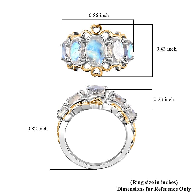Premium Rainbow Moonstone 5 Stone Ring in Vermeil YG and Platinum Over Sterling Silver (Size 10.0) 3.35 ctw