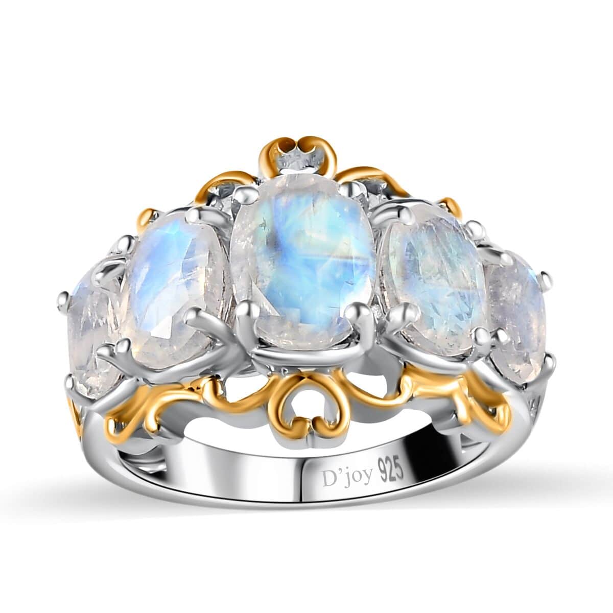 Premium Rainbow Moonstone 5 Stone Ring in Vermeil YG and Platinum Over Sterling Silver (Size 5.0) 3.35 ctw image number 0