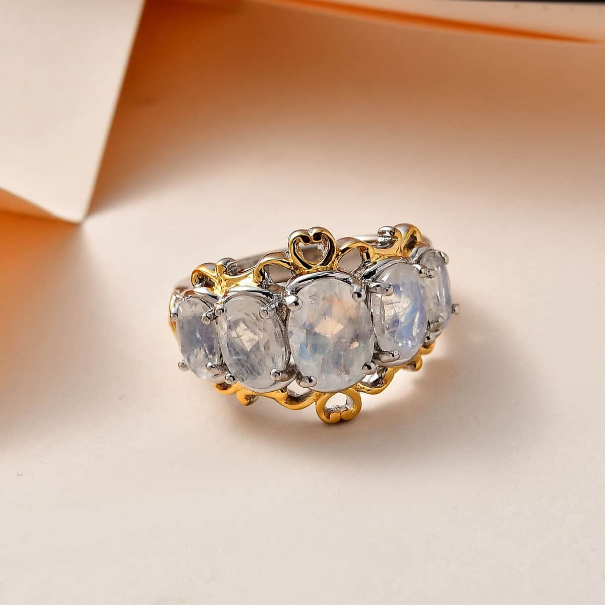 Premium Rainbow Moonstone 5 Stone Ring in Vermeil YG and Platinum Over Sterling Silver (Size 5.0) 3.35 ctw image number 1