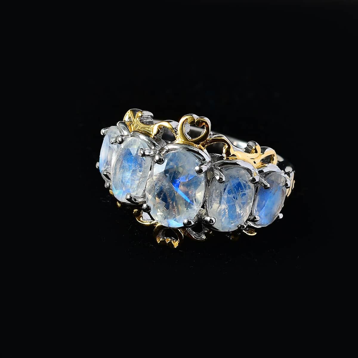 Premium Rainbow Moonstone 5 Stone Ring in Vermeil YG and Platinum Over Sterling Silver (Size 5.0) 3.35 ctw image number 2
