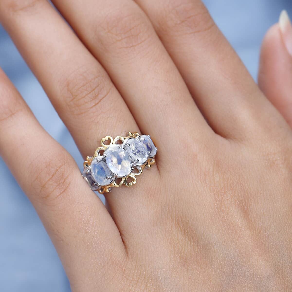 Premium Rainbow Moonstone 5 Stone Ring in Vermeil YG and Platinum Over Sterling Silver (Size 5.0) 3.35 ctw image number 3
