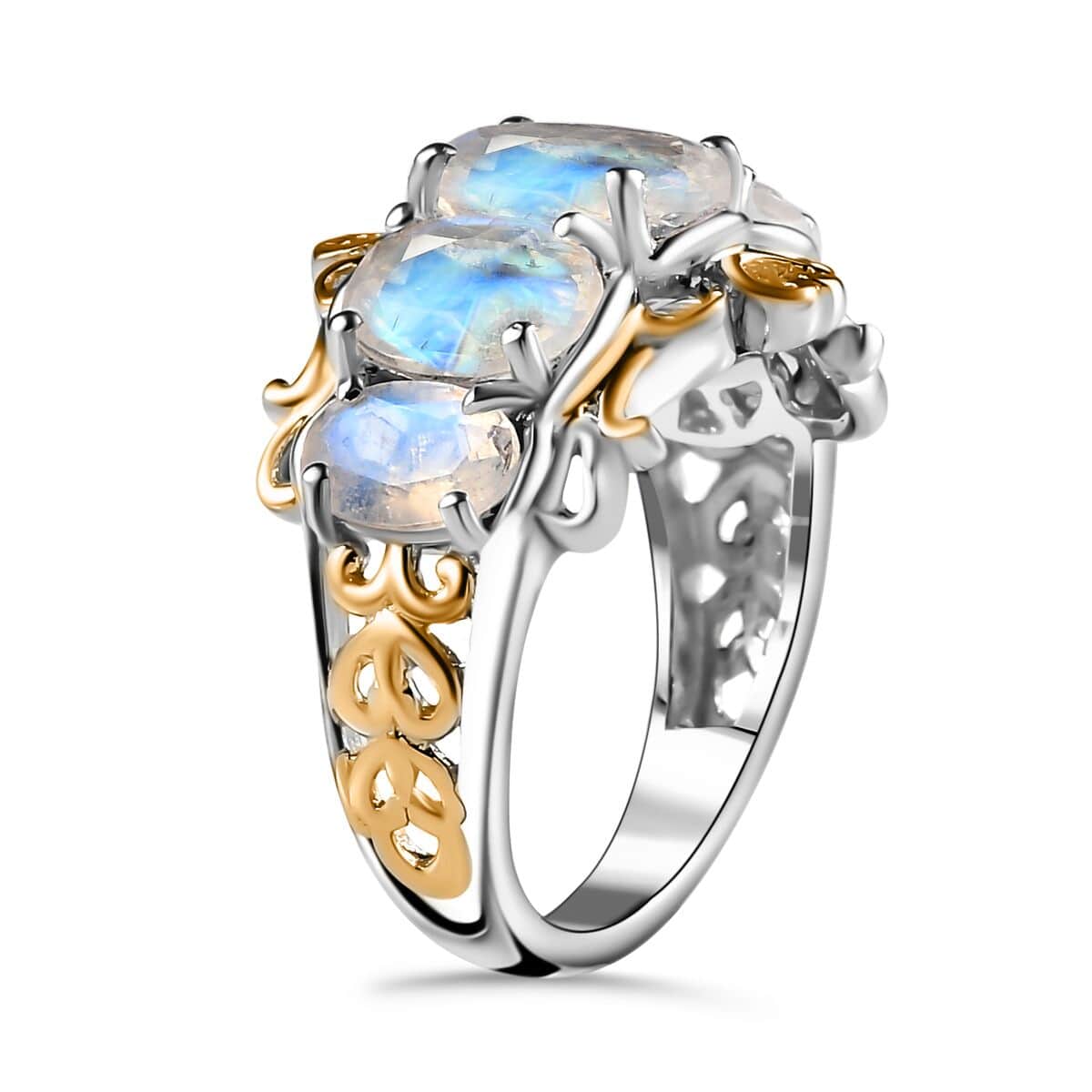 Premium Rainbow Moonstone 5 Stone Ring in Vermeil YG and Platinum Over Sterling Silver (Size 5.0) 3.35 ctw image number 4