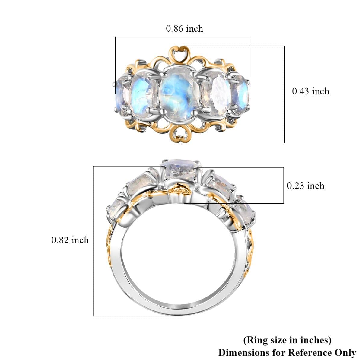 Premium Rainbow Moonstone 5 Stone Ring in Vermeil YG and Platinum Over Sterling Silver (Size 5.0) 3.35 ctw image number 6