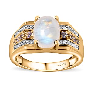 Premium Rainbow Moonstone and Multi Gemstone Men's Ring in Vermeil Yellow Gold Over Sterling Silver (Size 10.0) 3.60 ctw