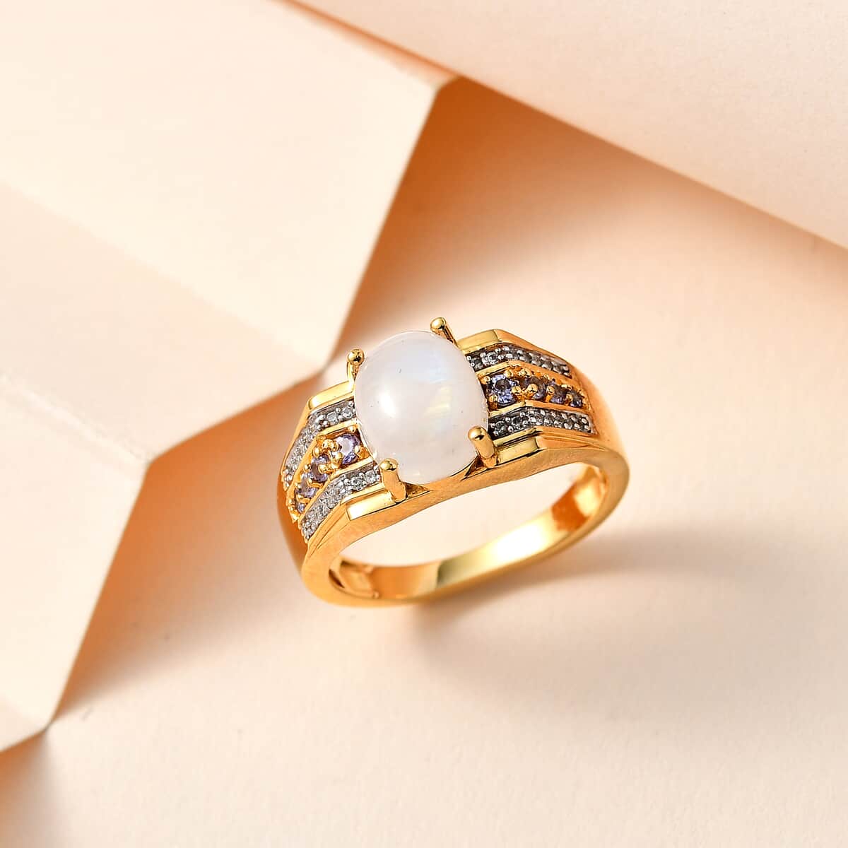 Premium Rainbow Moonstone and Multi Gemstone Men's Ring in Vermeil Yellow Gold Over Sterling Silver (Size 10.0) 3.60 ctw image number 1