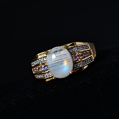 Premium Rainbow Moonstone and Multi Gemstone Men's Ring in Vermeil Yellow Gold Over Sterling Silver (Size 10.0) 3.60 ctw