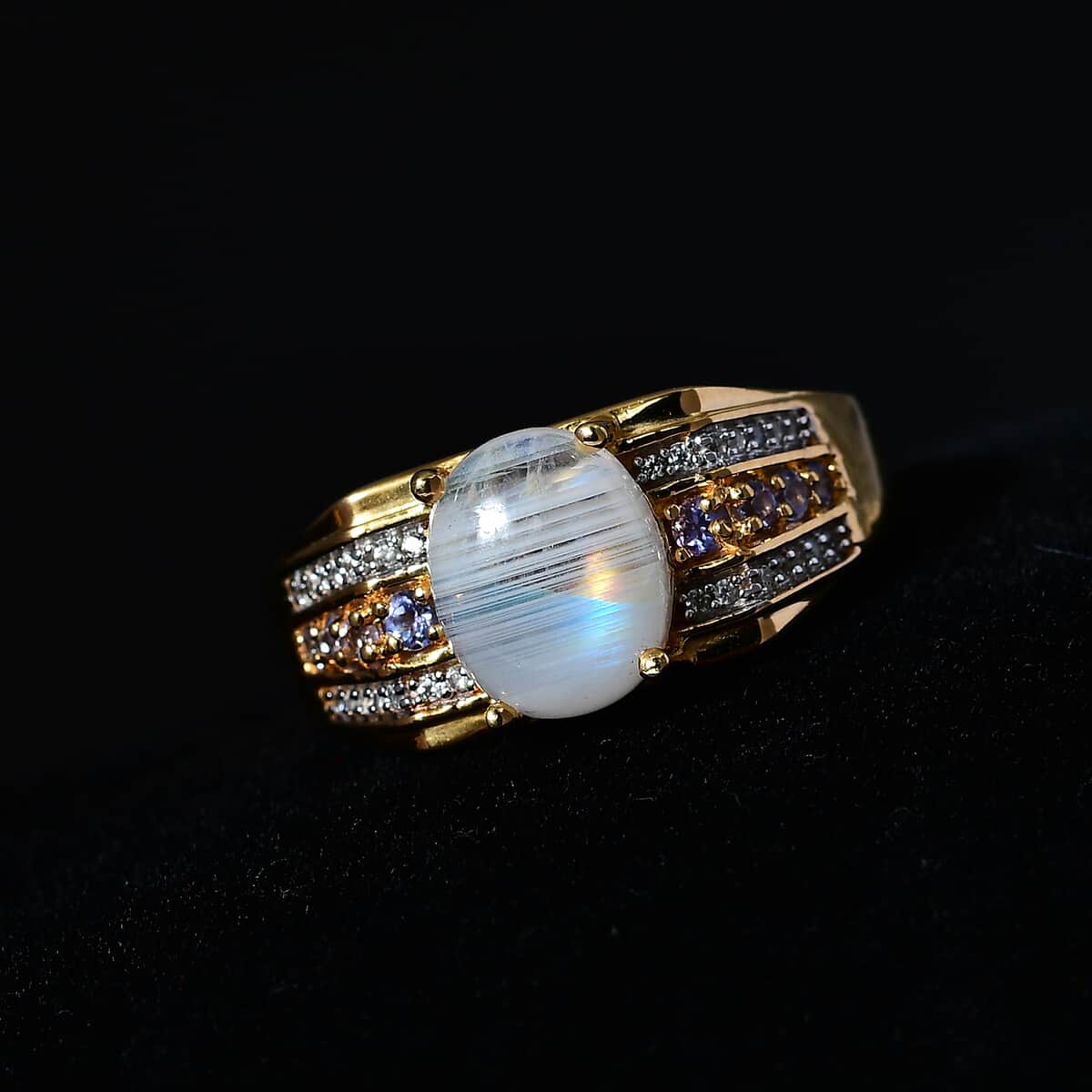 Premium Rainbow Moonstone and Multi Gemstone Men's Ring in Vermeil Yellow Gold Over Sterling Silver (Size 10.0) 3.60 ctw image number 2