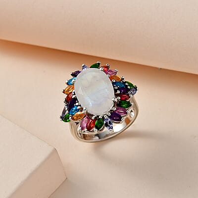 Premium Rainbow Moonstone and Multi Gemstone Cocktail Ring in Platinum Over Sterling Silver (Size 10.0) 8.25 ctw