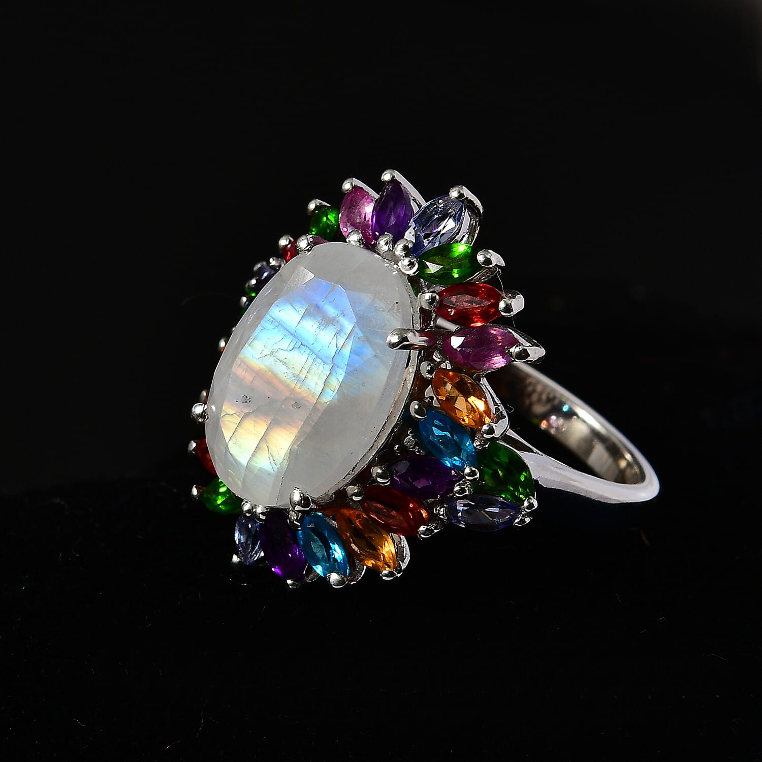 Premium Rainbow Moonstone and Multi Gemstone Cocktail Ring in Platinum Over Sterling Silver (Size 10.0) 8.25 ctw