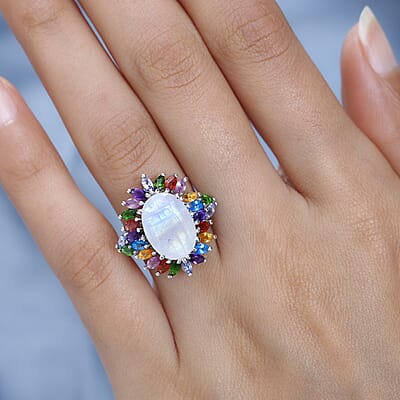 Premium Rainbow Moonstone and Multi Gemstone Cocktail Ring in Platinum Over Sterling Silver (Size 10.0) 8.25 ctw