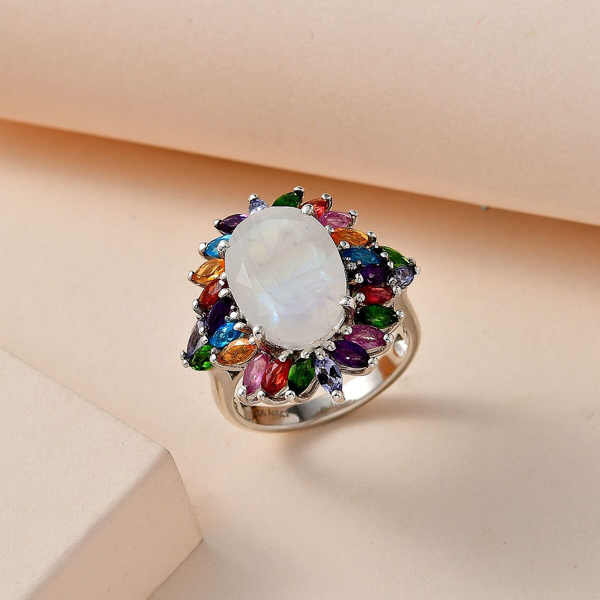 Premium Rainbow Moonstone and Multi Gemstone Cocktail Ring in Platinum Over Sterling Silver (Size 11.0) 8.25 ctw image number 1