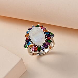 Premium Rainbow Moonstone and Multi Gemstone Cocktail Ring in Platinum Over Sterling Silver (Size 11.0) 8.25 ctw