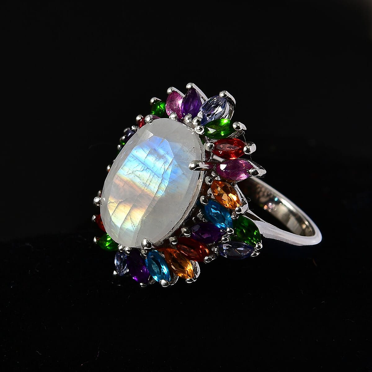 Premium Rainbow Moonstone and Multi Gemstone Cocktail Ring in Platinum Over Sterling Silver (Size 11.0) 8.25 ctw image number 2