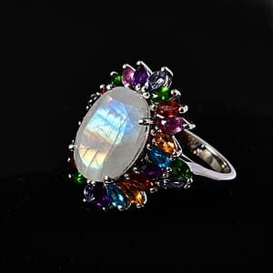 Premium Rainbow Moonstone and Multi Gemstone Cocktail Ring in Platinum Over Sterling Silver (Size 11.0) 8.25 ctw