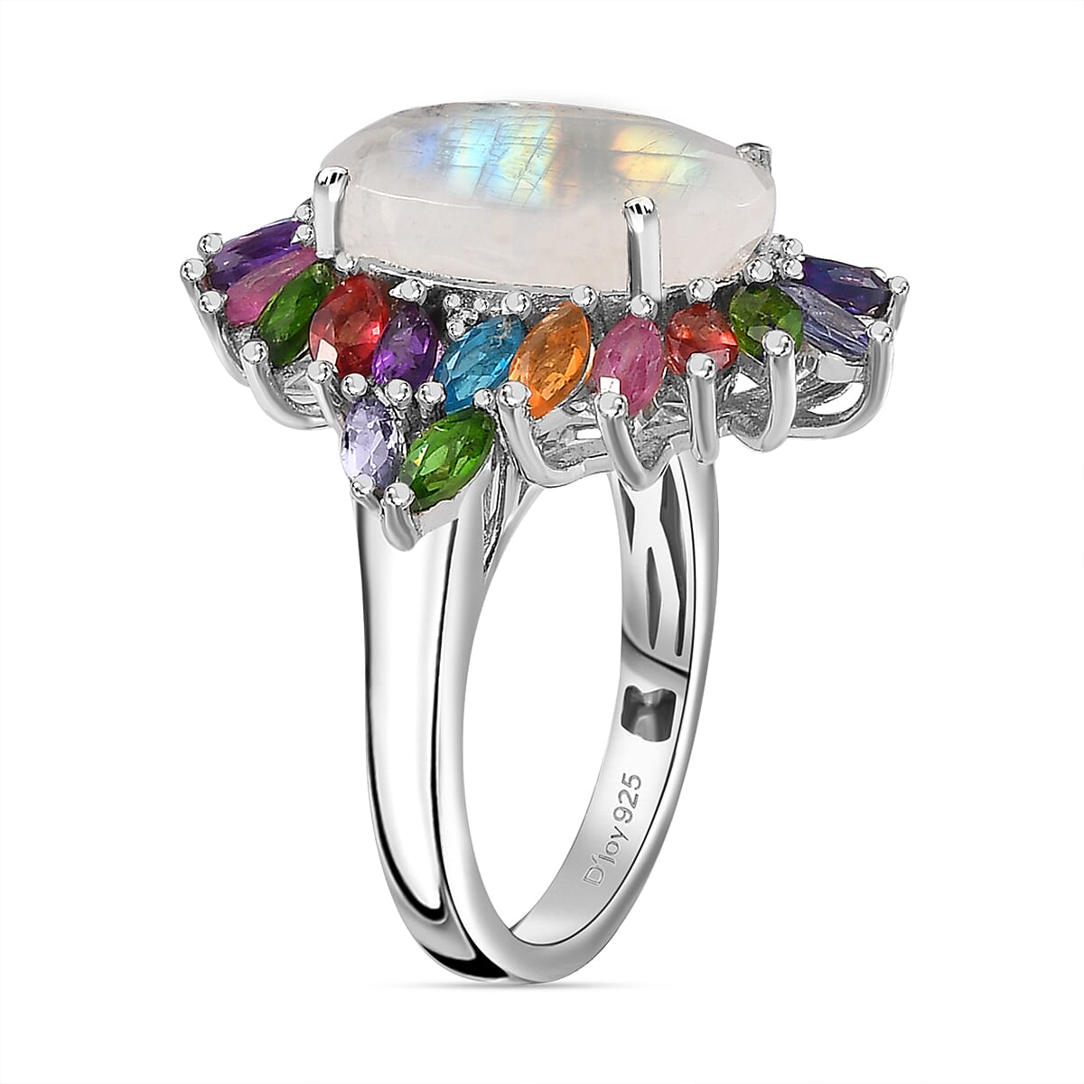 Premium Rainbow Moonstone and Multi Gemstone Cocktail Ring in Platinum Over Sterling Silver (Size 11.0) 8.25 ctw image number 4
