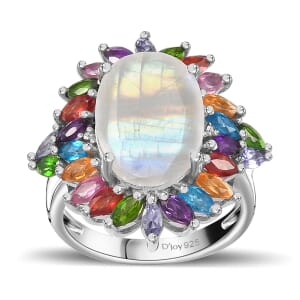 Premium Rainbow Moonstone and Multi Gemstone Cocktail Ring in Platinum Over Sterling Silver (Size 6.0) 8.25 ctw