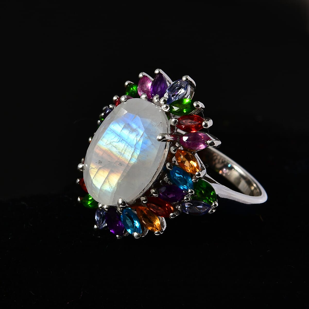 Premium Rainbow Moonstone and Multi Gemstone Cocktail Ring in Platinum Over Sterling Silver (Size 6.0) 8.25 ctw image number 2