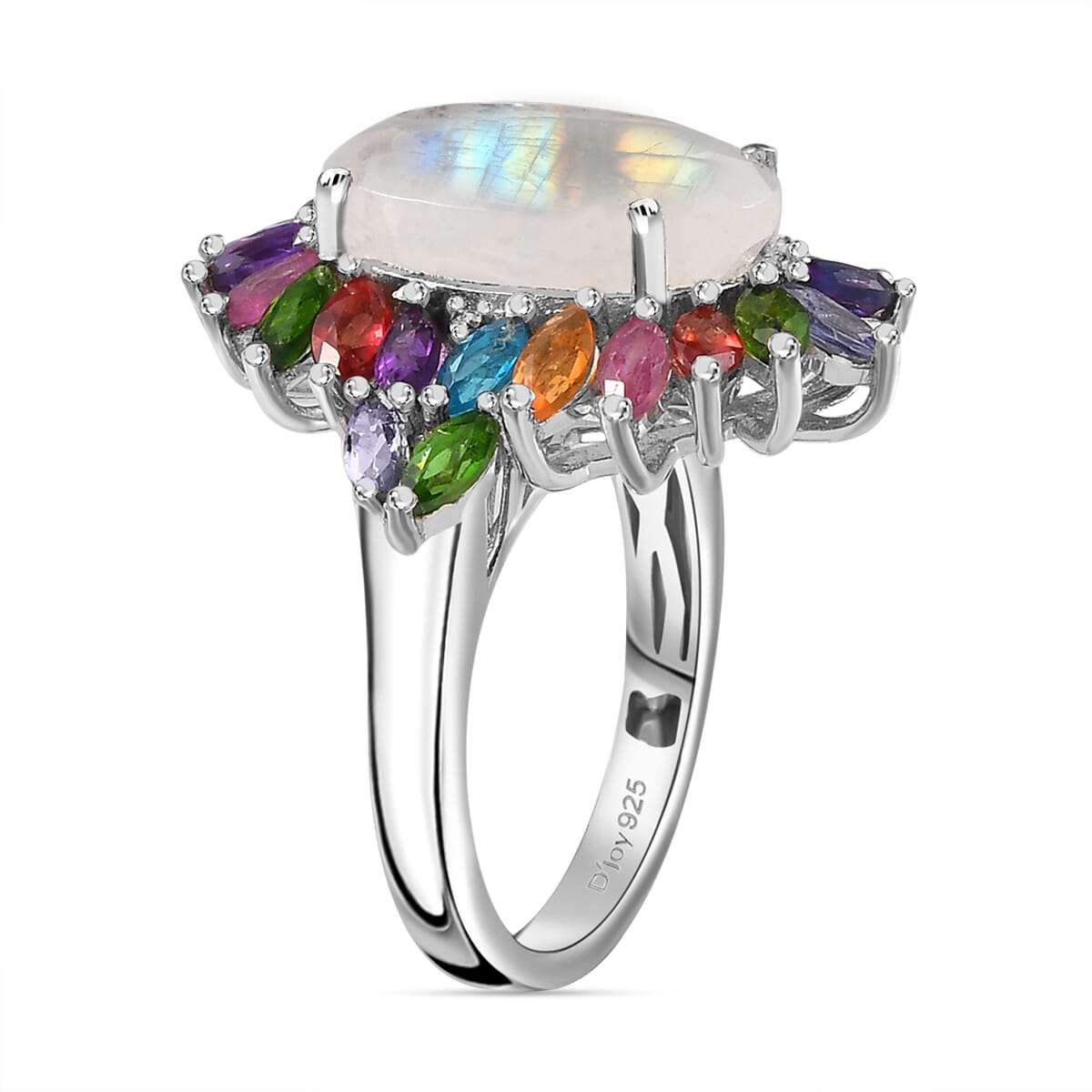 Premium Rainbow Moonstone and Multi Gemstone Cocktail Ring in Platinum Over Sterling Silver (Size 6.0) 8.25 ctw image number 4