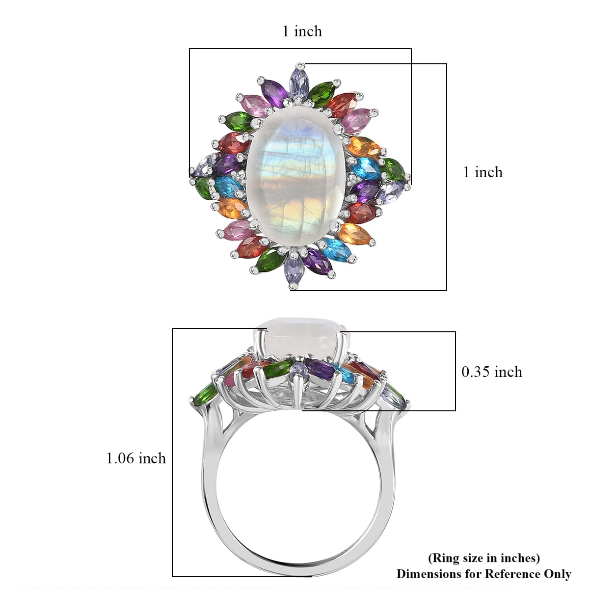 Premium Rainbow Moonstone and Multi Gemstone Cocktail Ring in Platinum Over Sterling Silver (Size 6.0) 8.25 ctw image number 6