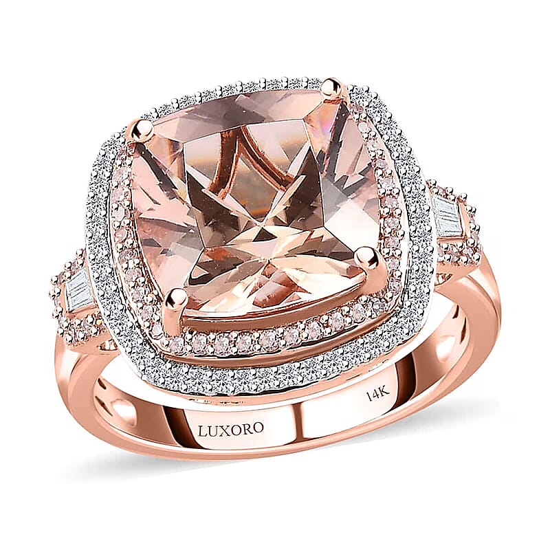 Luxoro 14K Rose Gold AAA Marropino Morganite, Natural Pink and White Diamond I2-I3 Double Halo Ring (Size 9.0) 5.90 Grams 6.85 ctw