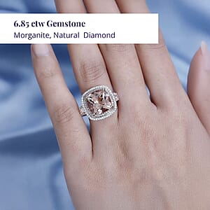 Luxoro 14K Rose Gold AAA Marropino Morganite, Natural Pink and White Diamond I2-I3 Double Halo Ring (Size 9.0) 5.90 Grams 6.85 ctw