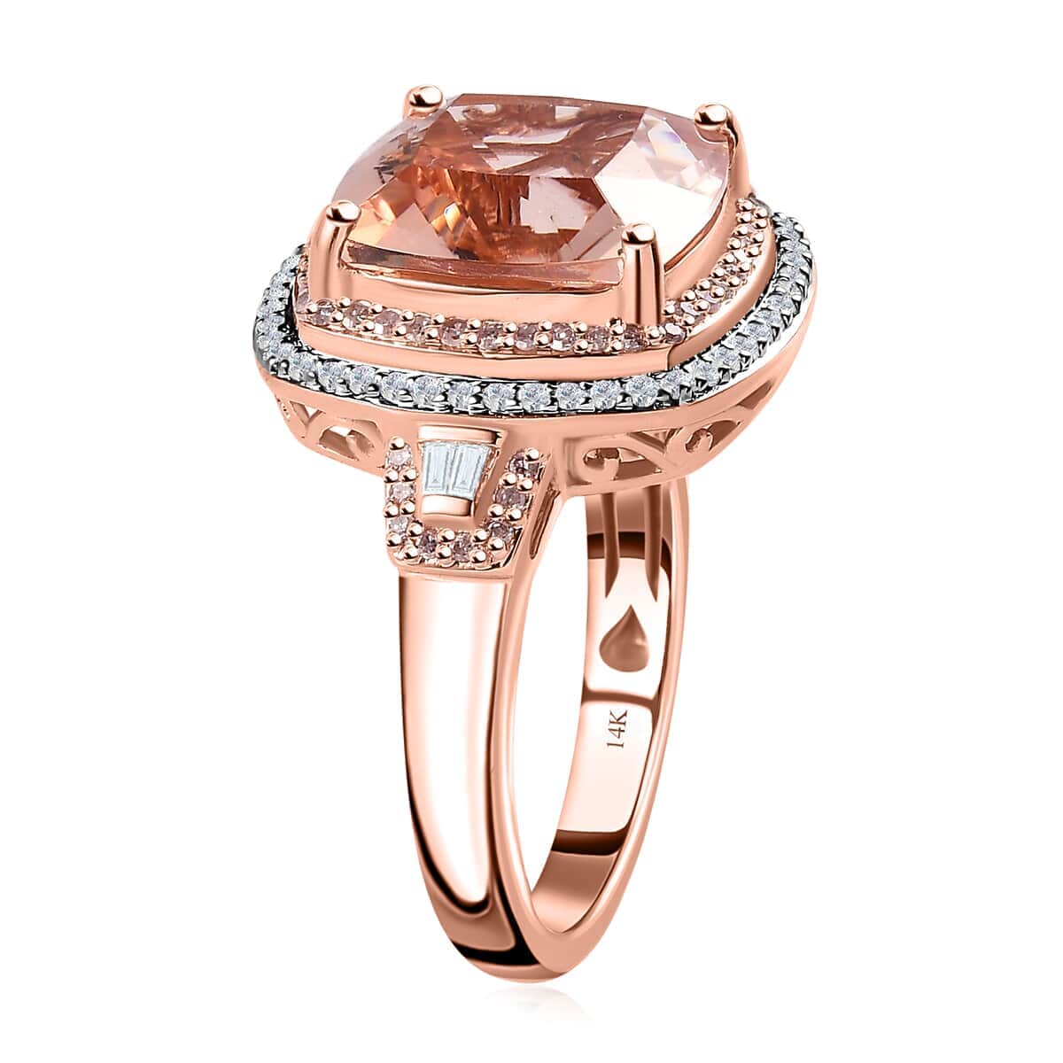 Luxoro 14K Rose Gold AAA Marropino Morganite, Natural Pink and White Diamond I2-I3 Double Halo Ring (Size 9.0) 6.70 Grams 7.00 ctw (Del. in 10-12 Days) image number 3