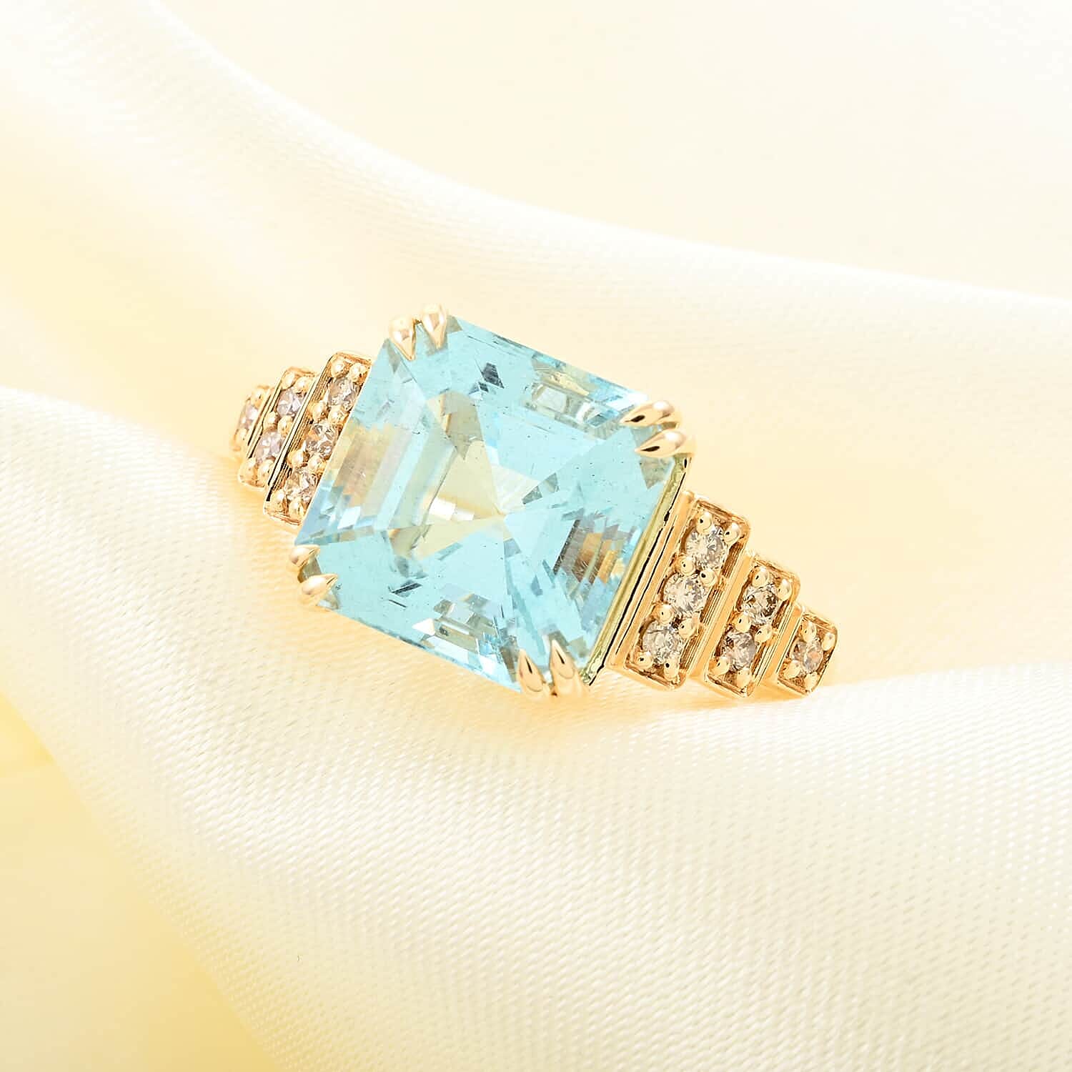 Certified & Appraised Luxoro 14K Yellow Gold Asscher Cut AAA Santa Maria Aquamarine and I2 Diamond Ring (Size 5.0) 4.30 Grams 4.50 ctw