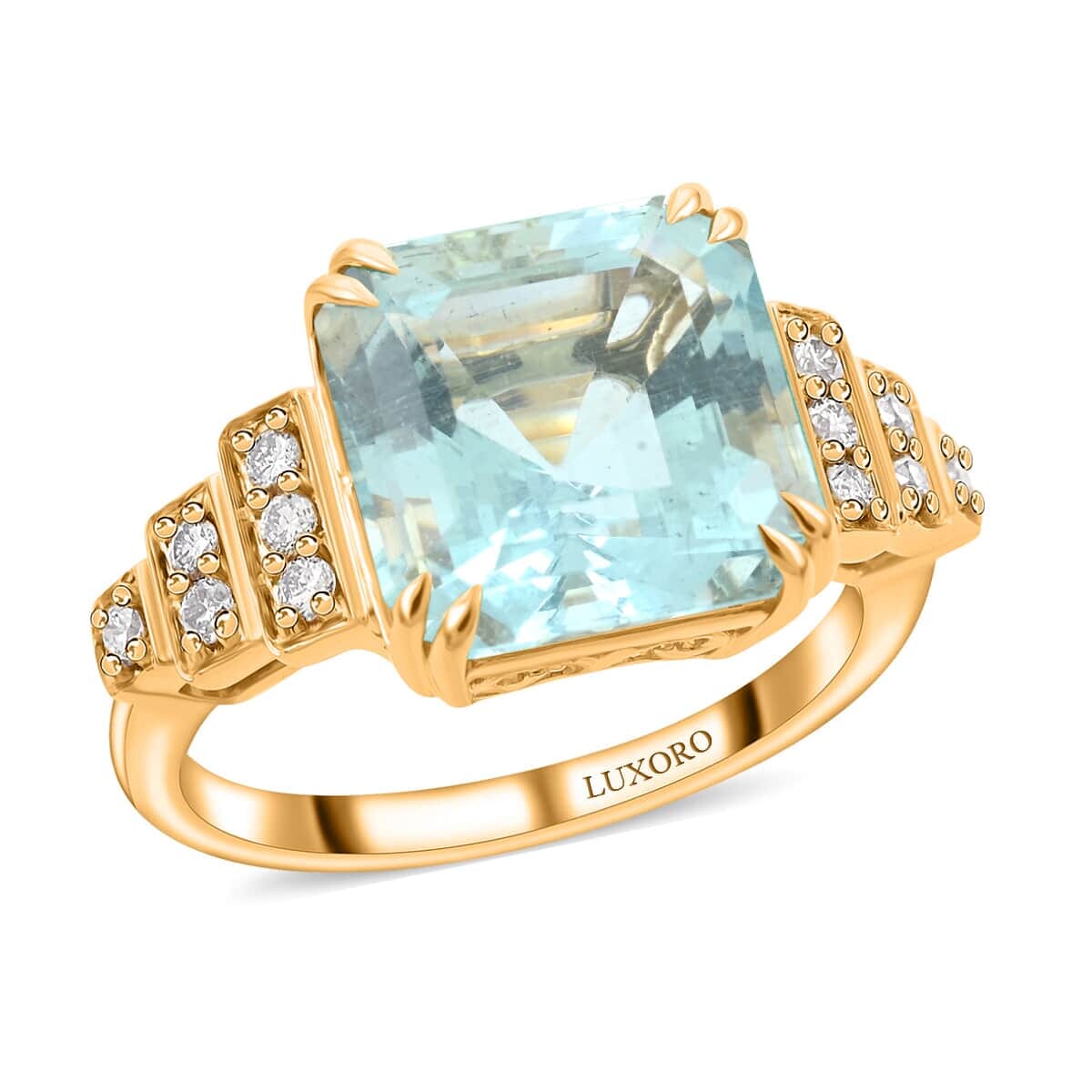 Certified & Appraised Luxoro 14K Yellow Gold Asscher Cut AAA Santa Maria Aquamarine and I2 Diamond Ring (Size 8.5) 4.30 Grams 4.50 ctw image number 0