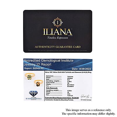 Certified and Appraised Iliana 18K Yellow Gold AAA Turkizite and G-H SI Diamond Ring (Size 10.5) 4.55 Grams 2.60 ctw