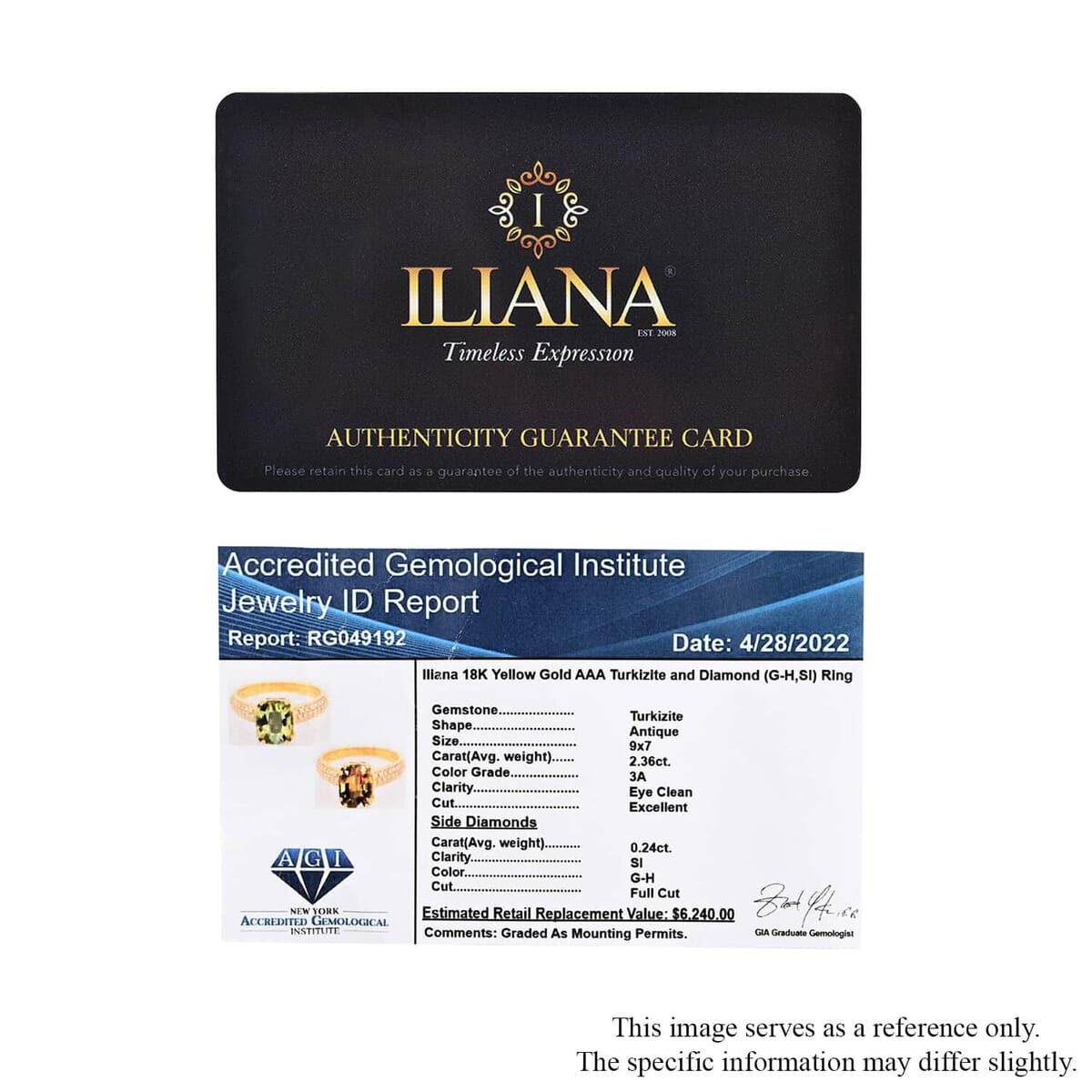 Certified and Appraised Iliana 18K Yellow Gold AAA Turkizite and G-H SI Diamond Ring (Size 6.5) 4.55 Grams 2.60 ctw image number 6