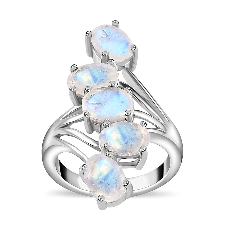 Premium Rainbow Moonstone 5 Stone Ring in Platinum Over Sterling Silver (Size 10.0) 3.85 ctw