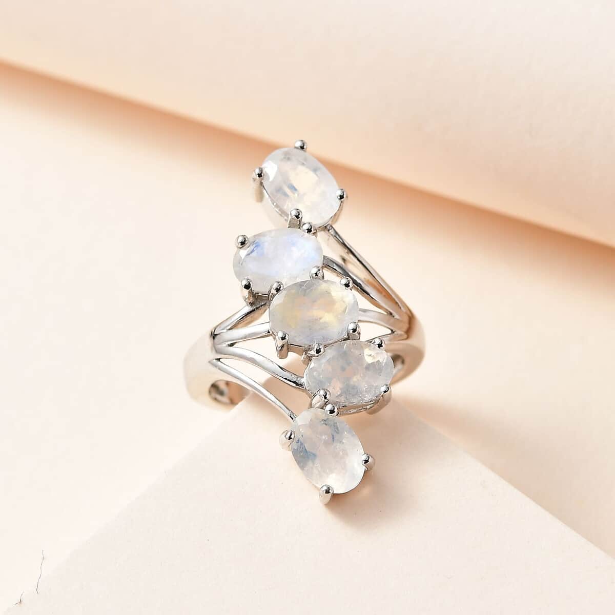 Premium Rainbow Moonstone 5 Stone Ring in Platinum Over Sterling Silver (Size 10.0) 3.85 ctw image number 1