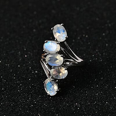Premium Rainbow Moonstone 5 Stone Ring in Platinum Over Sterling Silver (Size 10.0) 3.85 ctw
