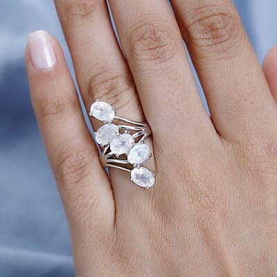 Premium Rainbow Moonstone 5 Stone Ring in Platinum Over Sterling Silver (Size 10.0) 3.85 ctw